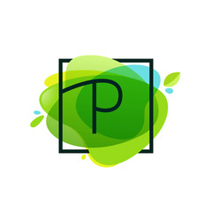 P letter logo in square frame at green watercolor splash backgro