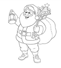 Christmas. Santa Claus with a flashlight and a bag of gifts. Vector illustration.