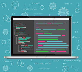 Aufkleber - Vector laptop coding concept. Web developer, design, programming. Laptop screen code.