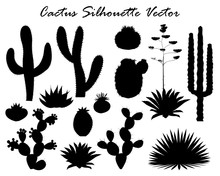 Black Silhouettes Of Cactus, Agave, And Prickly Pear