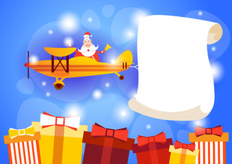 Wall Mural - Santa Clause Flying Airplane Carrying Empty Banner Copy Space New Year Celebration Flat Vector Illustration