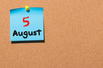 Sticker - August 5th. Day 5 of month, color sticker calendar on notice board. Summer time. Empty space for text