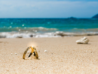 Honeymoon on tropical island, two wedding rings on the beach, sa