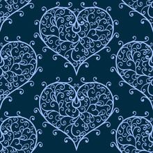 Vector Vintage Seamless Pattern With Hearts.Retro Background With Swirl Abstract Heart.Hand Drawn Cute Design Template.Ideal Print For Fabric,textile,wrapping Paper,wallpaper,.Romantic Backdrop.