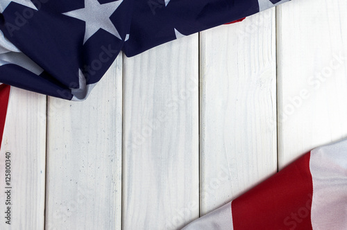 Fotografía United States of America flag with empty space to write your text on wooden back