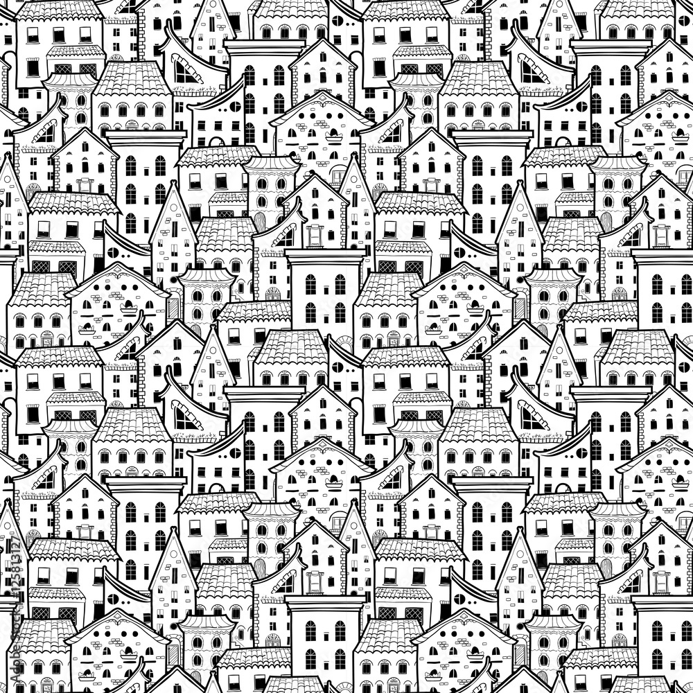 Light black and white seamless pattern with houses, doodle house vector ...