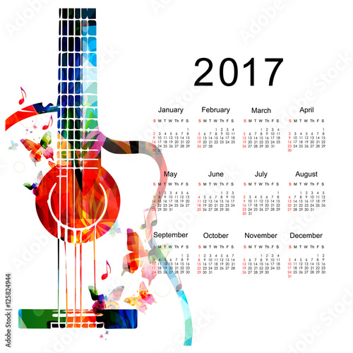 Calendar planner 2017 design template with colorful guitar. Music