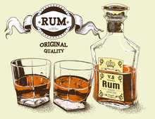 Two Stemware Of Rum With Bootle