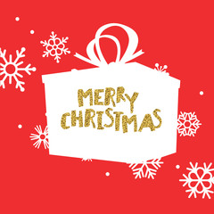 Aufkleber - Merry Christmas Postcard. Gift box with gold greeting on red bac