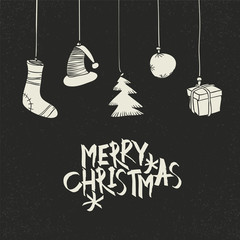 Poster - Merry Christmas Greeting On black. Postcard retro style. Hand-dr
