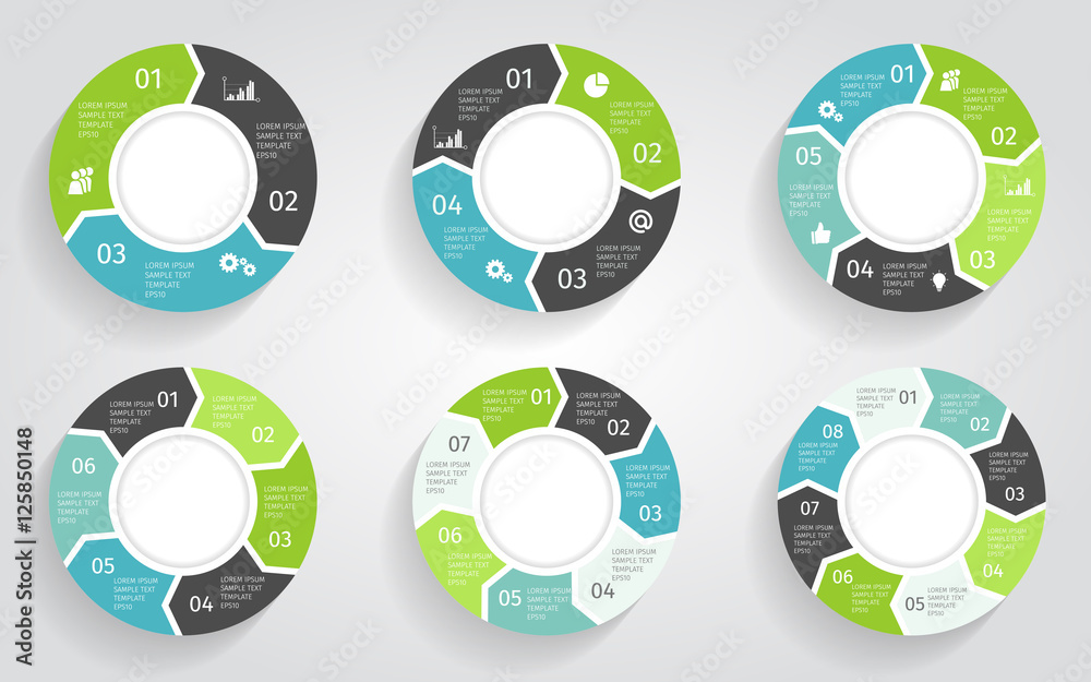 Circle arrows modern infographic set. Vector template with 3-8 options for diagram, workflow layout, flowchart, steps, parts, timeline, chart, web design, background. - obrazy, fototapety, plakaty 