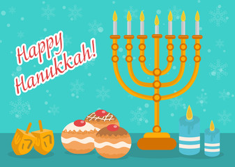 Wall Mural - Happy Hanukkah greeting card, invitation, poster. Hanukkah Jewish Festival of Lights, Feast of Dedication. Hanukkah Greeting Card with Menorah, Sufganiyot, Dreidel. Vector illustration