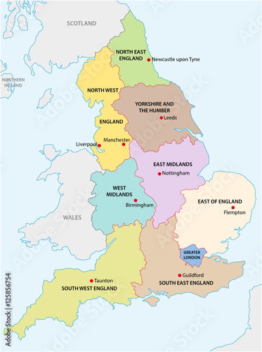 Plakat zarys mapy dziewięciu regionów Anglii