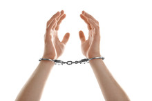 Man Hands In Handcuffs, Isolated On White