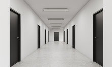 Long Corridor With Closed Black Doors