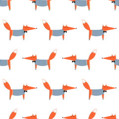 Wall Mural - French style fox seamless pattern. Cute cartoon foxy vector illustration. Child drawing style animal background. Fashion design for fabric, textile.