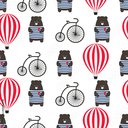 Cotton fabric Bear with bicycle and hot air balloon seamless pattern. Cute cartoon teddy with retro transport vector illustration. Child drawing style adventure background. Design for fabric, textile etc.