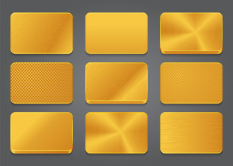 Card icons with gold metal background. Golden button icons set.
