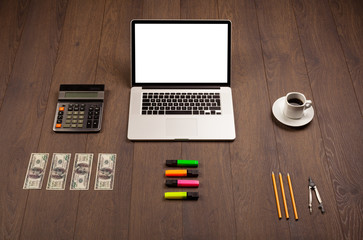 Business desk with office supplies and modern laptop white backg