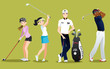 Group golfers vector isolated characters on green background. Set of golf player flat style for golf school website