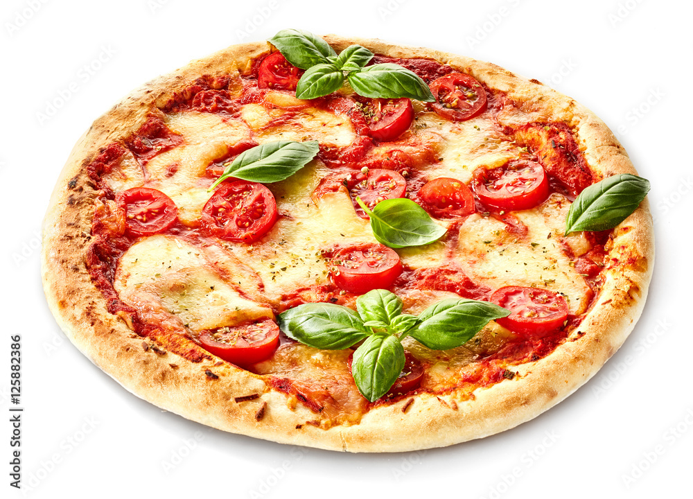 Margherita pizza garnished with fresh basil - obrazy, fototapety, plakaty 