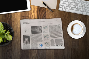 Daily newspaper and tablet pc on the wooden table. Text generate