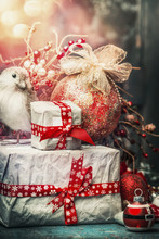 Lovely Christmas Card With Handmade Gifts, Bird, Holiday Ball ,decoration And Bokeh Lighting,  Vintage Styled