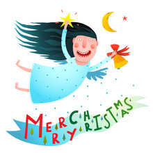 Happy Winter Holidays Smiling Angel Girl Holding Star And Bell Flying With Moon Merry Christmas Text