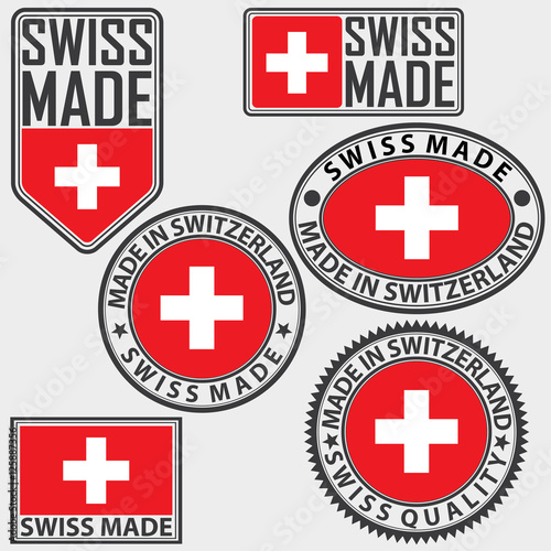 Made in Switzerland label set with flag, Swiss made, vector illu Buy
