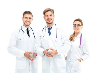 Wall Mural - Portrait of group of smiling hospital colleagues standing togeth