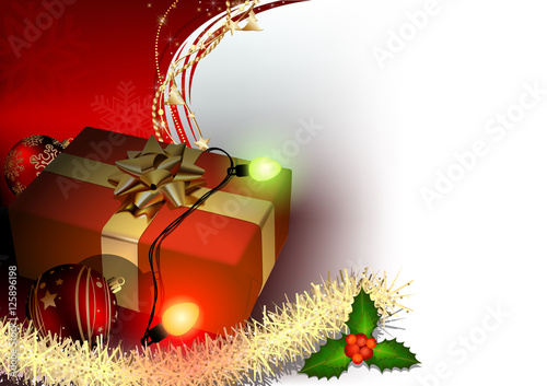 Christmas Background with Red Christmas Present, Baubles, Christmas Lights an...