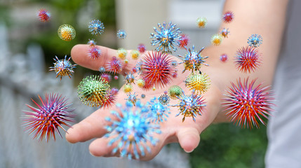 Poster - Close up on a sick man hand transmitting virus 3D rendering