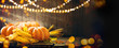 Thanksgiving Day. Autumn Thanksgiving pumpkins over wooden background