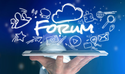 Poster - Concept of man holding tablet with forum icon around