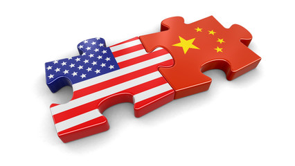 Poster - USA and China puzzle from flags. Image with clipping path