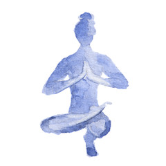 Watercolor yoga pose on white background. Asana. Healthy lifestyle and relaxation. Toe stand pose.