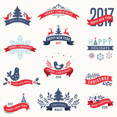Wall Mural - Merry Christmas and New Year typographic banners with Winter Holidays design elements.