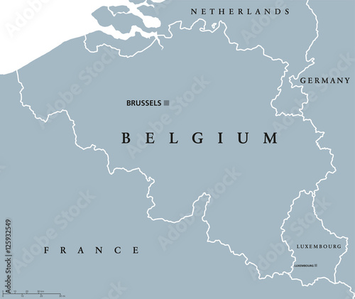 Fotomural Belgium and Luxembourg political map with capitals Brussels and Luxembourg, with national borders and neighbor countries
