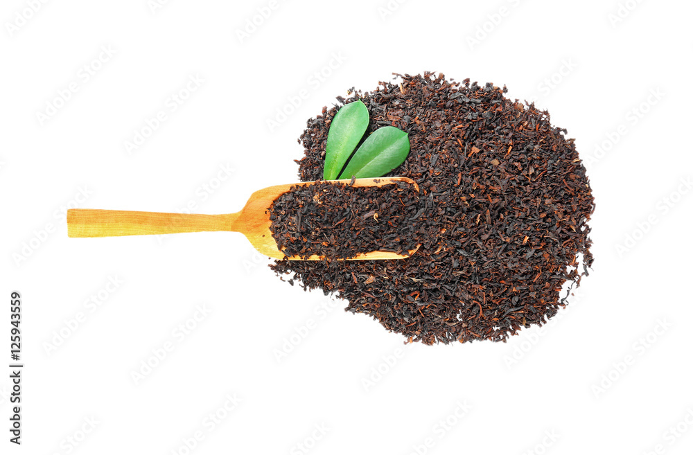 Black dry tea on white background