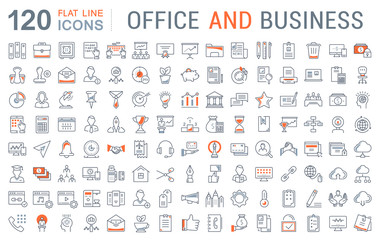 set vector flat line icons office and business