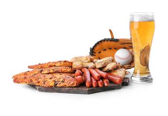 Wall Mural - Beer with snacks and baseball accessories on white background