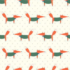 Wall Mural - Cute fox seamless pattern on polka dots background. Cartoon foxy vector illustration. Child drawing style animal background. Fashion design for fabric, textile.