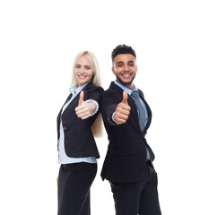 Canvas Print - Business People Team Smile, Businessman And Businesswoman Hold Hand With Thumb Up Gesture, Businesspeople Isolated Over White Background