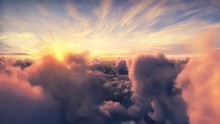 Flying Over The Evening Timelapse Clouds With The Late Sun. Seamlessly Looped Animation. Flight Through Moving Cloudscape With Beautiful Sun Rays. Perfect For Cinema, Background, Digital Composition