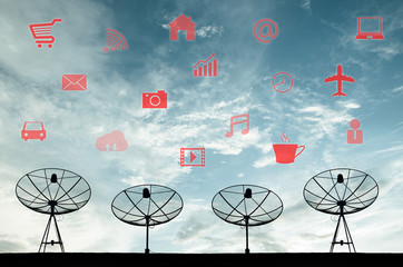 Poster - Satellite Dishes for telecommunication and sunrise sky backgroun