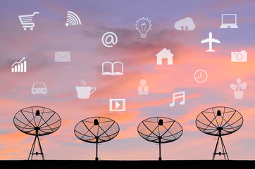 Poster - Satellite Dishes for telecommunication and sunrise sky backgroun