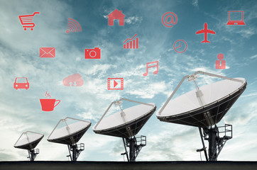 Poster - Satellite Dishes for telecommunication and sunrise sky backgroun