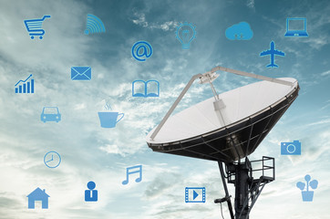 Poster - Satellite Dishes for telecommunication and sunrise sky backgroun