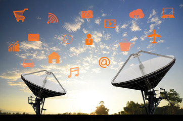 Poster - Satellite Dishes for telecommunication and sunrise sky backgroun