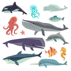 Wall Mural - Sea marine fish and animals flat vector set